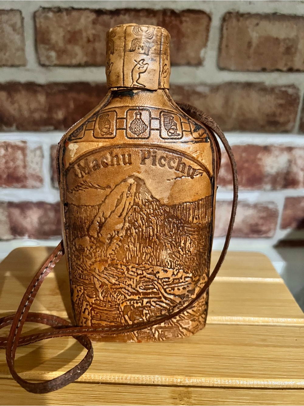 Machu Picchu Embossed Leather Flask Crossbody - Brown